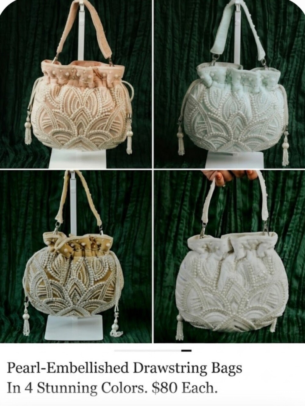Pearl-Embellished Blush Drawstring Shoulder  Bag In 4 Colors. $80 Each.